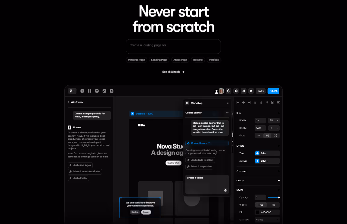 User interface for creating landing pages with AI text input and design customization tools.
